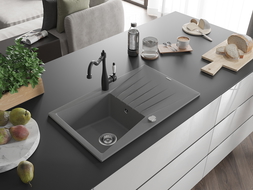 Mexen Cesar 1-compartment granite sink with a drip tray and kitchen mixer tap Carla, Grey - 6514-71-670700-70