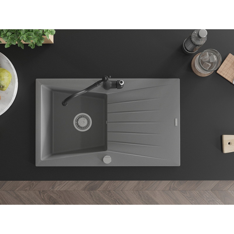 Mexen Cesar granite kitchen sink 1-bowl with drainer and kitchen faucet Carla, gray - 6514-71-670700-70