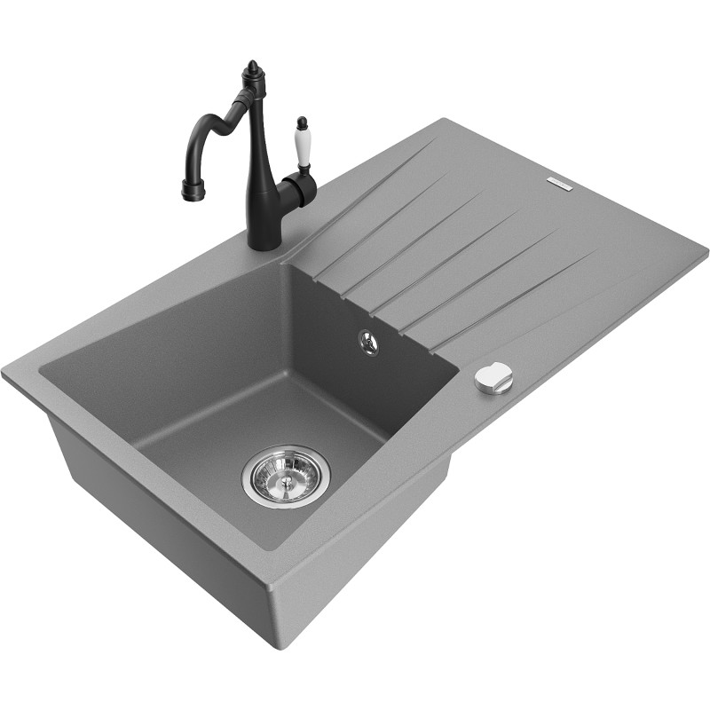 Mexen Cesar 1-bowl granite sink with drainer and kitchen faucet Carla, gray - 6514-71-670700-70