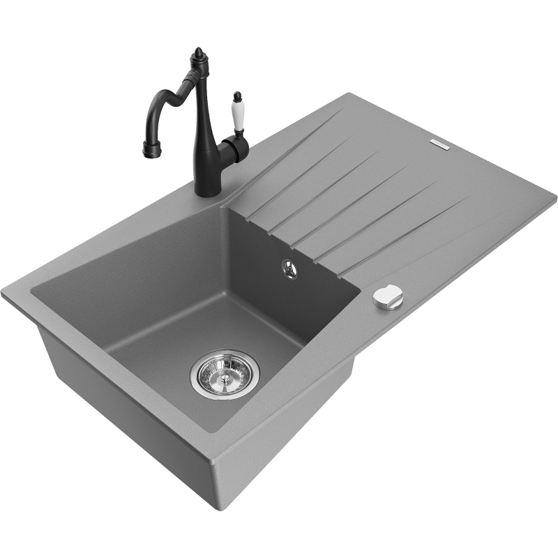 Mexen Cesar 1-compartment granite sink with a drip tray and kitchen mixer tap Carla, Grey - 6514-71-670700-70