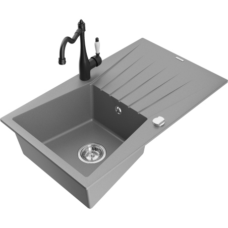Mexen Cesar granite kitchen sink 1-bowl with drainer and kitchen faucet Carla, gray - 6514-71-670700-70