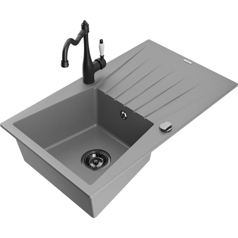 Mexen Cesar 1-Bowl Granite Sink with Drainer and Carla Kitchen Faucet, Gray - 6514-71-670700-70-B