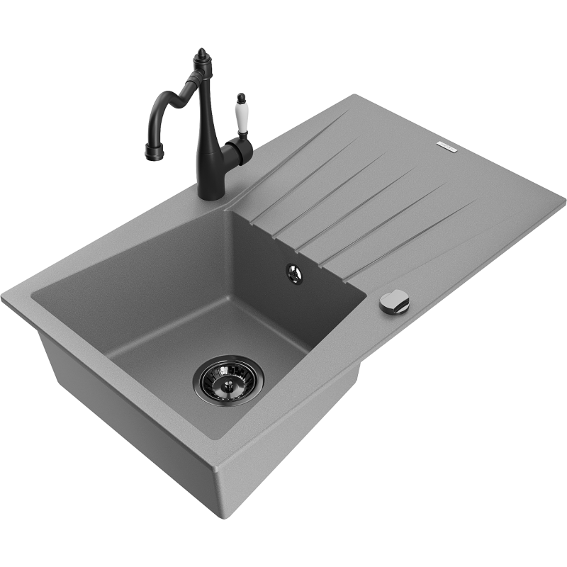 Mexen Cesar 1-bowl granite sink with drainer and Carla kitchen tap, grey - 6514-71-670700-70-B