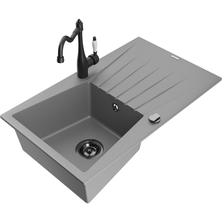 Mexen Cesar 1-bowl granite sink with drainer and Carla kitchen tap, grey - 6514-71-670700-70-B