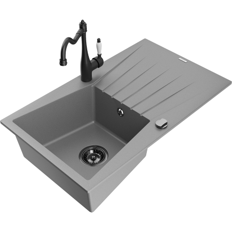 Mexen Cesar 1-compartment granite sink with a drip tray and kitchen mixer tap Carla, Grey - 6514-71-670700-70-B