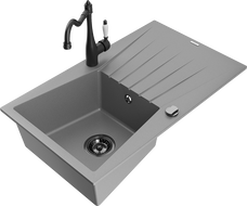 Mexen Cesar 1-bowl granite sink with drainer and Carla kitchen faucet, gray - 6514-71-670700-70-B