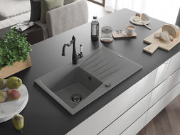 Mexen Cesar 1-compartment granite sink with a drip tray and kitchen mixer tap Carla, Grey - 6514-71-670700-70-B