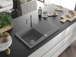 Mexen Cesar granite kitchen sink single bowl with drainer and Carla kitchen faucet, gray - 6514-71-670700-71