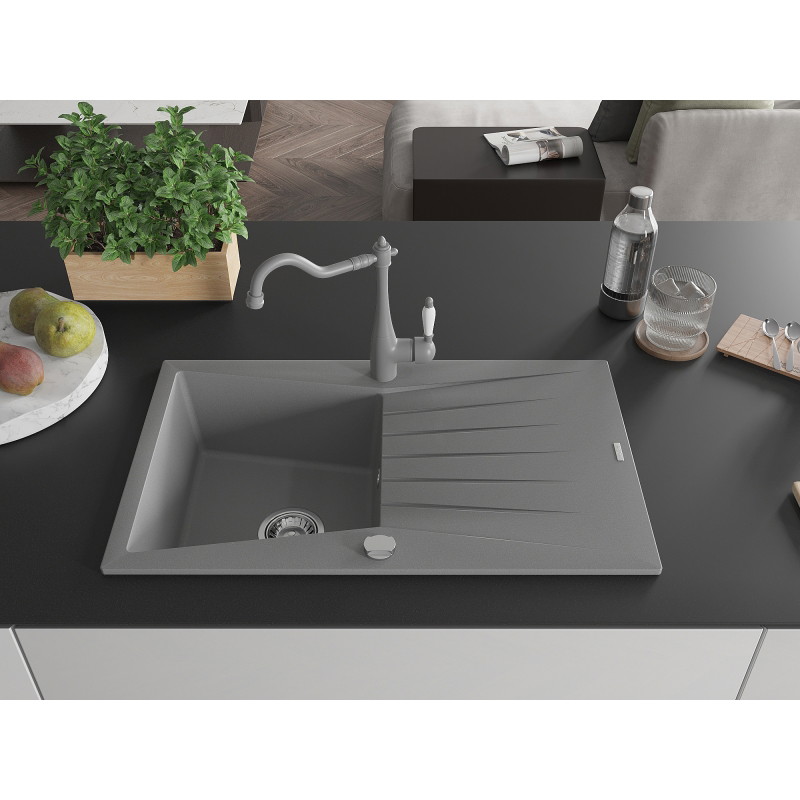 Mexen Cesar granite kitchen sink single bowl with drainer and Carla kitchen faucet, gray - 6514-71-670700-71