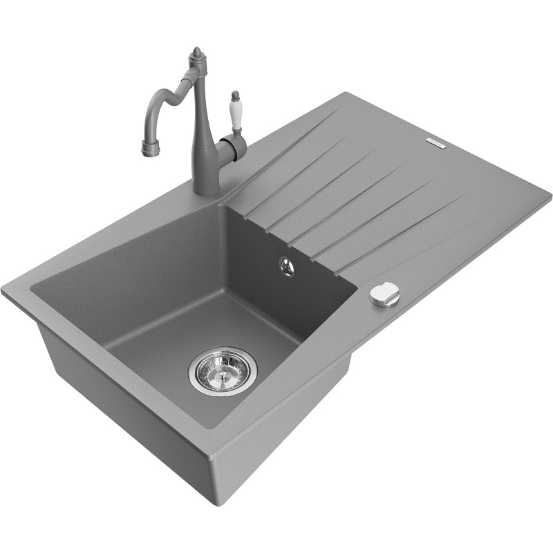 Mexen Cesar granite kitchen sink 1-bowl with drainer and Carla kitchen faucet, gray - 6514-71-670700-71