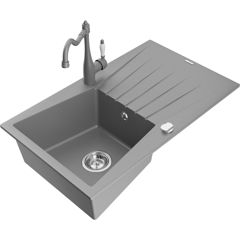 Mexen Cesar granite sink 1-bowl with drainer and kitchen tap Carla, grey - 6514-71-670700-71