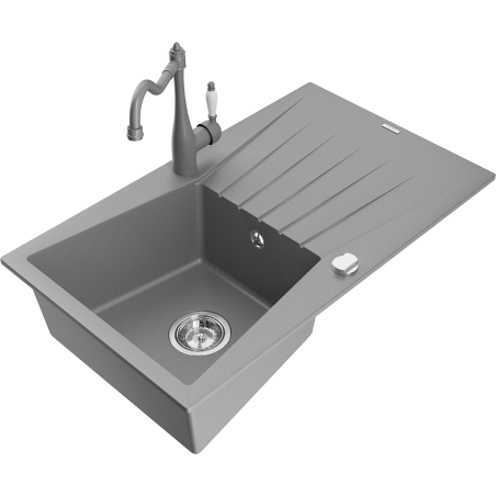 Mexen Cesar 1-compartment granite sink with a drip tray and kitchen mixer tap Carla, Grey - 6514-71-670700-71