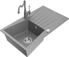 Mexen Cesar granite kitchen sink single bowl with drainer and Carla kitchen faucet, gray - 6514-71-670700-71