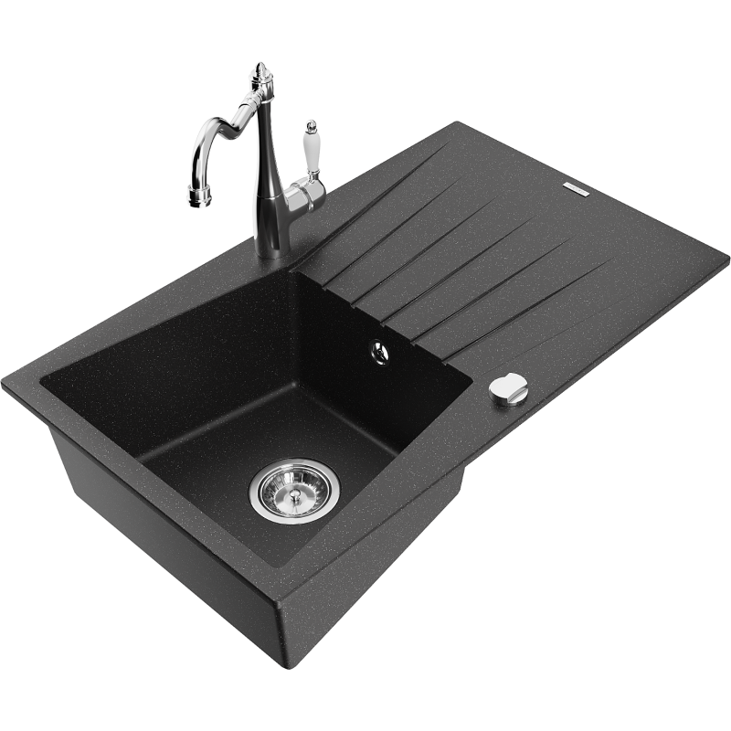 Mexen Cesar granite sink single bowl with drainer and Carla kitchen tap, black/silver metallic - 6514-73-670700-00