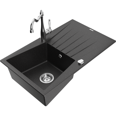 Mexen Cesar granite kitchen sink with 1 bowl, drainer, and Carla kitchen faucet, black/silver metallic - 6514-73-670700-00
