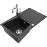 Mexen Cesar granite sink single bowl with drainer and Carla kitchen tap, black/silver metallic - 6514-73-670700-00