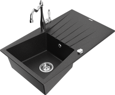 Mexen Cesar granite sink single bowl with drainer and Carla kitchen tap, black/silver metallic - 6514-73-670700-00