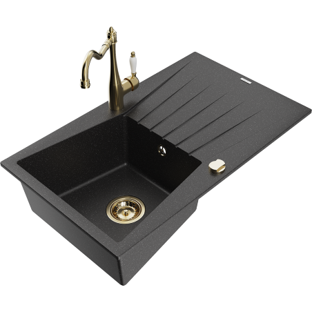 Mexen Cesar 1-bowl granite sink with drainer and kitchen faucet Carla, black/silver metallic - 6514-73-670700-50