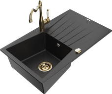 Mexen Cesar granite kitchen sink 1-bowl with drainer and Carla kitchen tap, black/silver metallic - 6514-73-670700-50