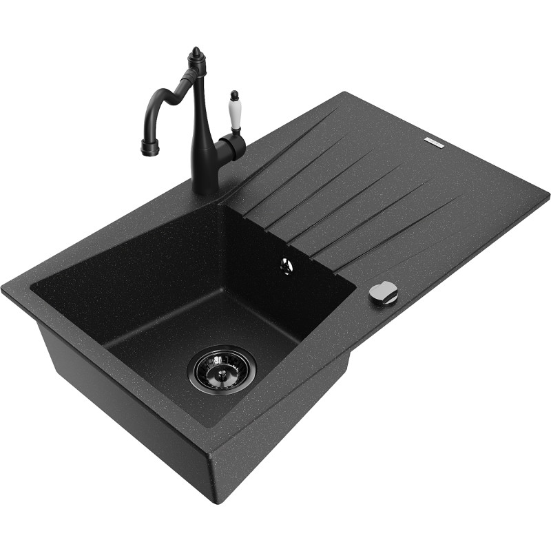 Mexen Cesar 1-bowl granite sink with drainer and Carla kitchen faucet, black/silver metallic - 6514-73-670700-70-B