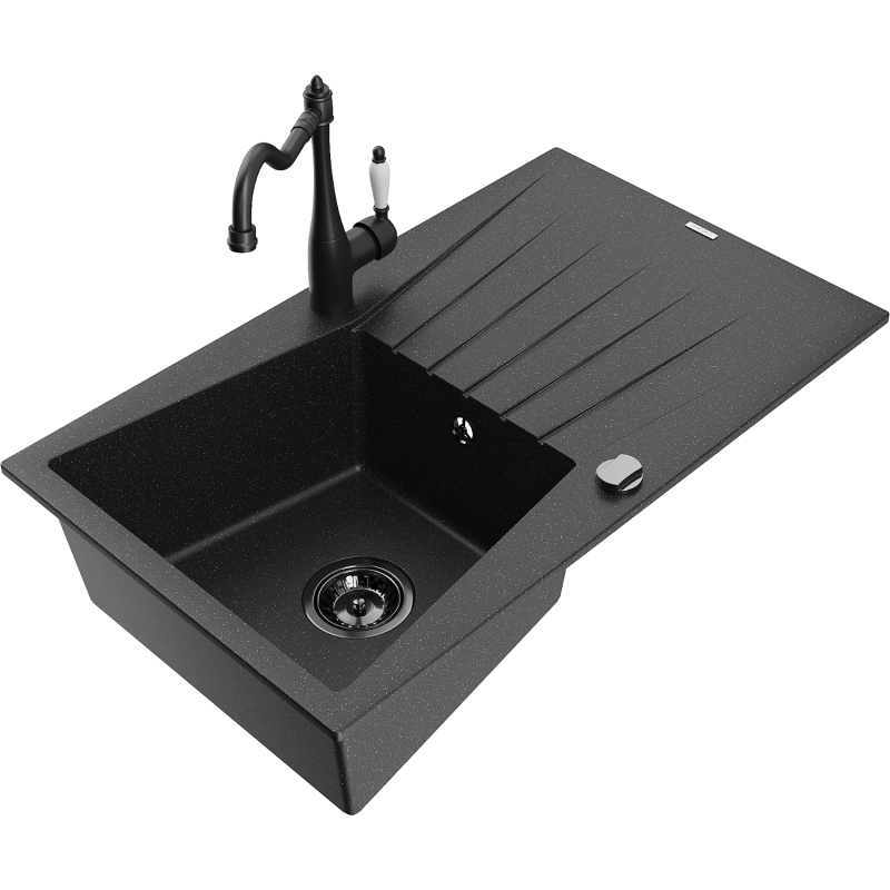 Mexen Cesar granite kitchen sink 1-bowl with drainer and kitchen tap Carla, black/silver metallic - 6514-73-670700-70-B