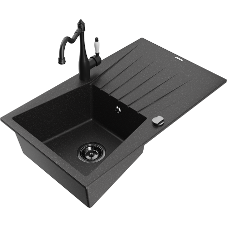 Mexen Cesar 1-bowl granite sink with drainer and Carla kitchen faucet, black/silver metallic - 6514-73-670700-70-B