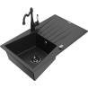 Mexen Cesar 1-bowl granite sink with drainer and Carla kitchen faucet, black/silver metallic - 6514-73-670700-70-B