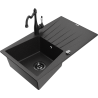 Mexen Cesar granite sink 1-bowl with drainer and kitchen faucet Carla, black/silver metallic - 6514-73-670700-70-B