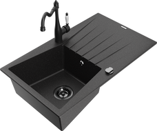 Mexen Cesar 1-bowl granite sink with drainer and Carla kitchen faucet, black/silver metallic - 6514-73-670700-70-B
