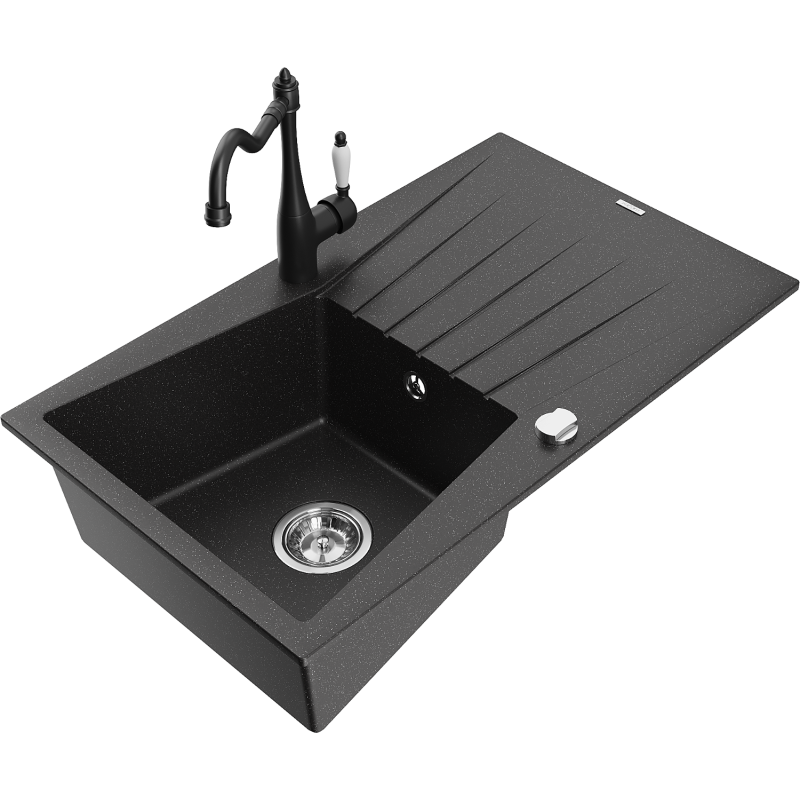Mexen Cesar 1-compartment granite sink with a drip tray and kitchen mixer tap Carla, Black/Silver metallic - 6514-73-670700-70