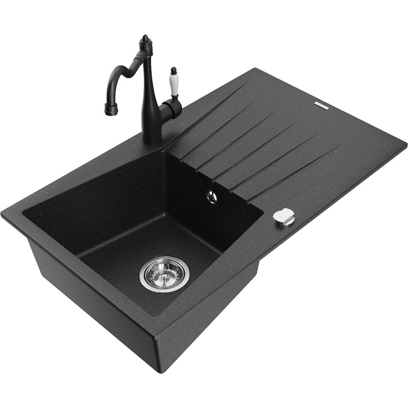 Mexen Cesar granite kitchen sink 1-bowl with drainer and Carla kitchen faucet, black/silver metallic - 6514-73-670700-70