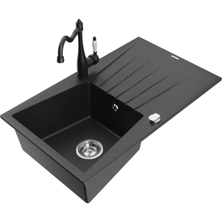 Mexen Cesar 1-bowl granite kitchen sink with drainer and Carla kitchen tap, black/silver metallic - 6514-73-670700-70