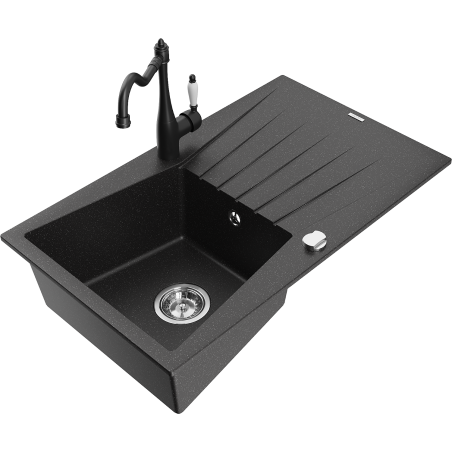 Mexen Cesar granite kitchen sink 1-bowl with drainer and Carla kitchen faucet, black/silver metallic - 6514-73-670700-70