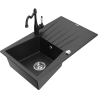Mexen Cesar granite kitchen sink 1-bowl with drainer and Carla kitchen faucet, black/silver metallic - 6514-73-670700-70
