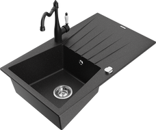 Mexen Cesar granite sink 1-bowl with drainer and kitchen faucet Carla, black/silver metallic - 6514-73-670700-70