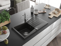 Mexen Cesar granite sink 1-bowl with drainer and kitchen faucet Carla, black/gold metallic - 6514-75-670700-00