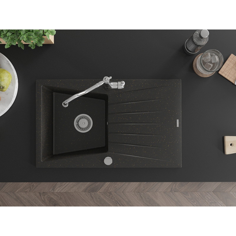 Mexen Cesar granite sink 1-bowl with drainer and kitchen faucet Carla, black/gold metallic - 6514-75-670700-00