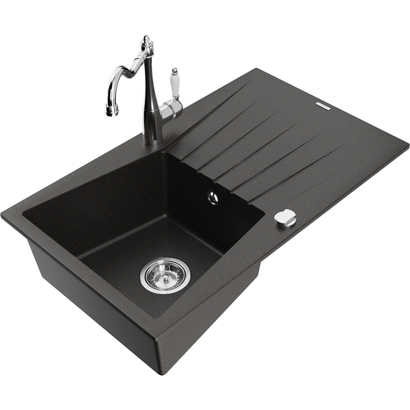 Mexen Cesar 1-compartment granite sink with a drip tray and kitchen mixer tap Carla, Black/Gold metallic - 6514-75-670700-00