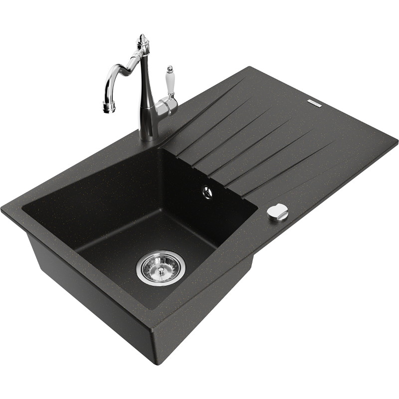 Mexen Cesar granite sink 1-bowl with drainer and kitchen faucet Carla, black/gold metallic - 6514-75-670700-00
