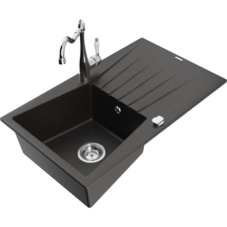 Mexen Cesar 1-compartment granite sink with a drip tray and kitchen mixer tap Carla, Black/Gold metallic - 6514-75-670700-00
