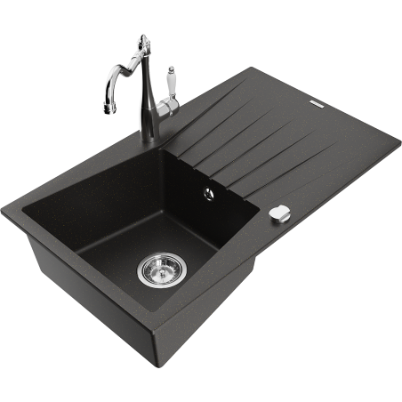 Mexen Cesar granite sink 1-bowl with drainer and Carla kitchen tap, black/gold metallic - 6514-75-670700-00