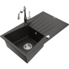 Mexen Cesar 1-compartment granite sink with a drip tray and kitchen mixer tap Carla, Black/Gold metallic - 6514-75-670700-00