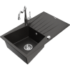 Mexen Cesar granite sink 1-bowl with drainer and kitchen faucet Carla, black/gold metallic - 6514-75-670700-00