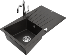 Mexen Cesar granite sink 1-bowl with drainer and kitchen faucet Carla, black/gold metallic - 6514-75-670700-00