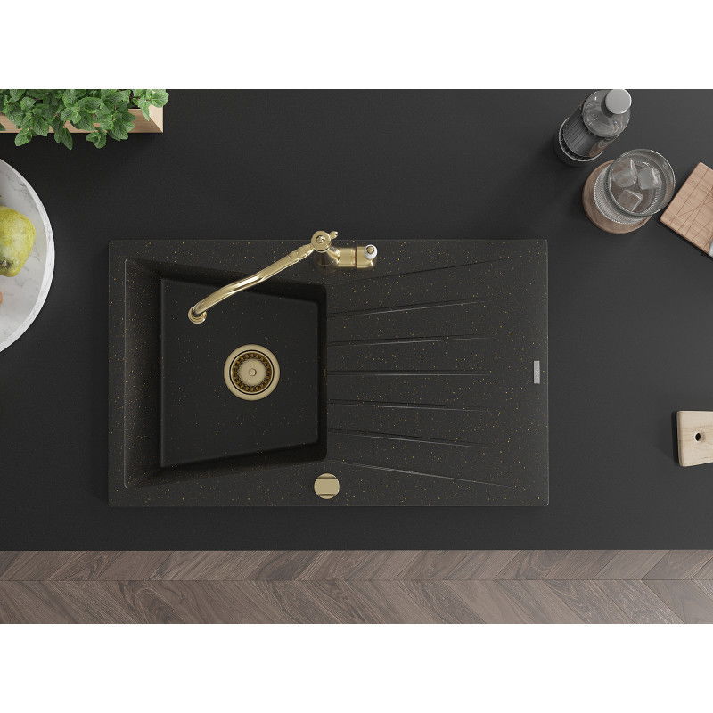 Mexen Cesar granite sink 1-bowl with drainer and Carla kitchen tap, black/gold metallic - 6514-75-670700-50
