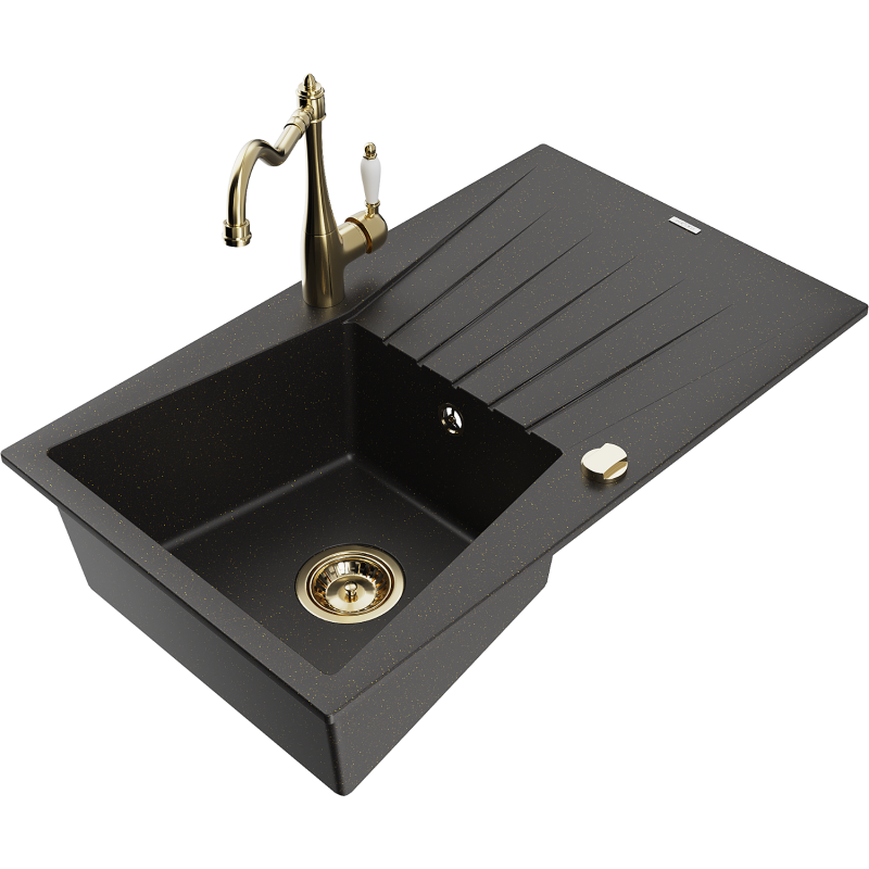 Mexen Cesar 1-compartment granite sink with a drip tray and kitchen mixer tap Carla, Black/Gold metallic - 6514-75-670700-50