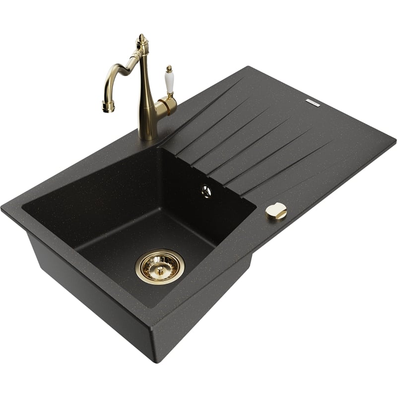 Mexen Cesar granite sink 1-chamber with drainer and kitchen faucet Carla, black/gold metallic - 6514-75-670700-50