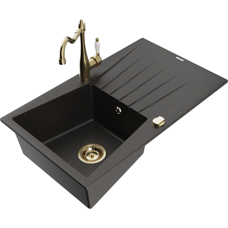 Mexen Cesar granite kitchen sink 1-bowl with drainboard and kitchen faucet Carla, black/gold metallic - 6514-75-670700-50
