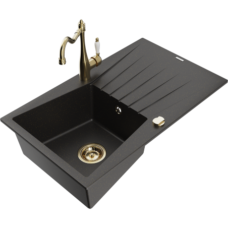 Mexen Cesar granite sink 1-chamber with drainer and kitchen faucet Carla, black/gold metallic - 6514-75-670700-50