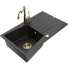Mexen Cesar granite kitchen sink 1-bowl with drainboard and kitchen faucet Carla, black/gold metallic - 6514-75-670700-50